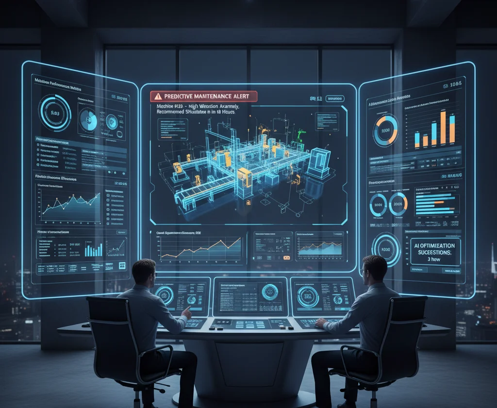 AI-powered analytics dashboard monitoring production efficiency via digital twin model.