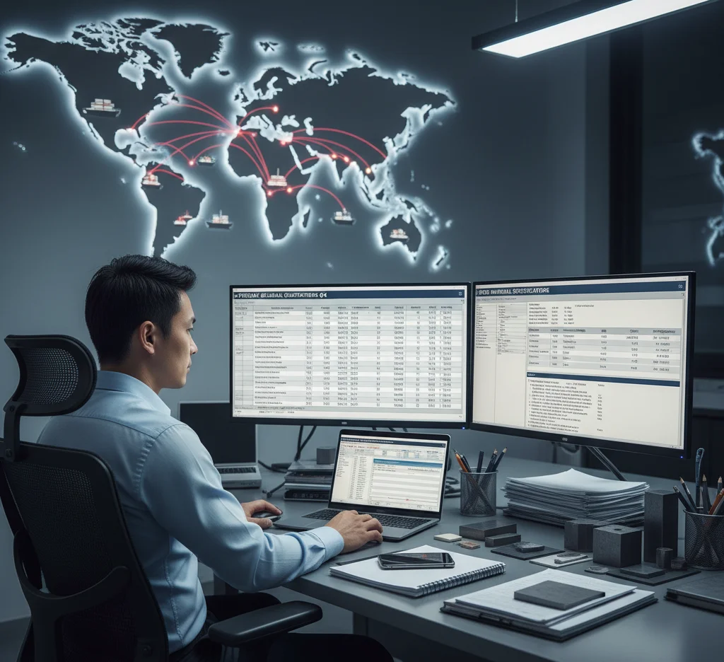Procurement engineer reviewing steel supplier quotations and material specifications on dual monitors, with a world map showing logistics routes — symbolizing Steellnix global sourcing efficiency